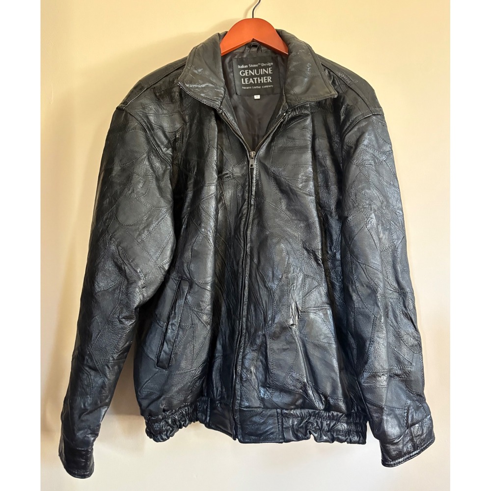 Mens Italian Stone Design Genuine Leather‎ Black Bomber Jacket XL